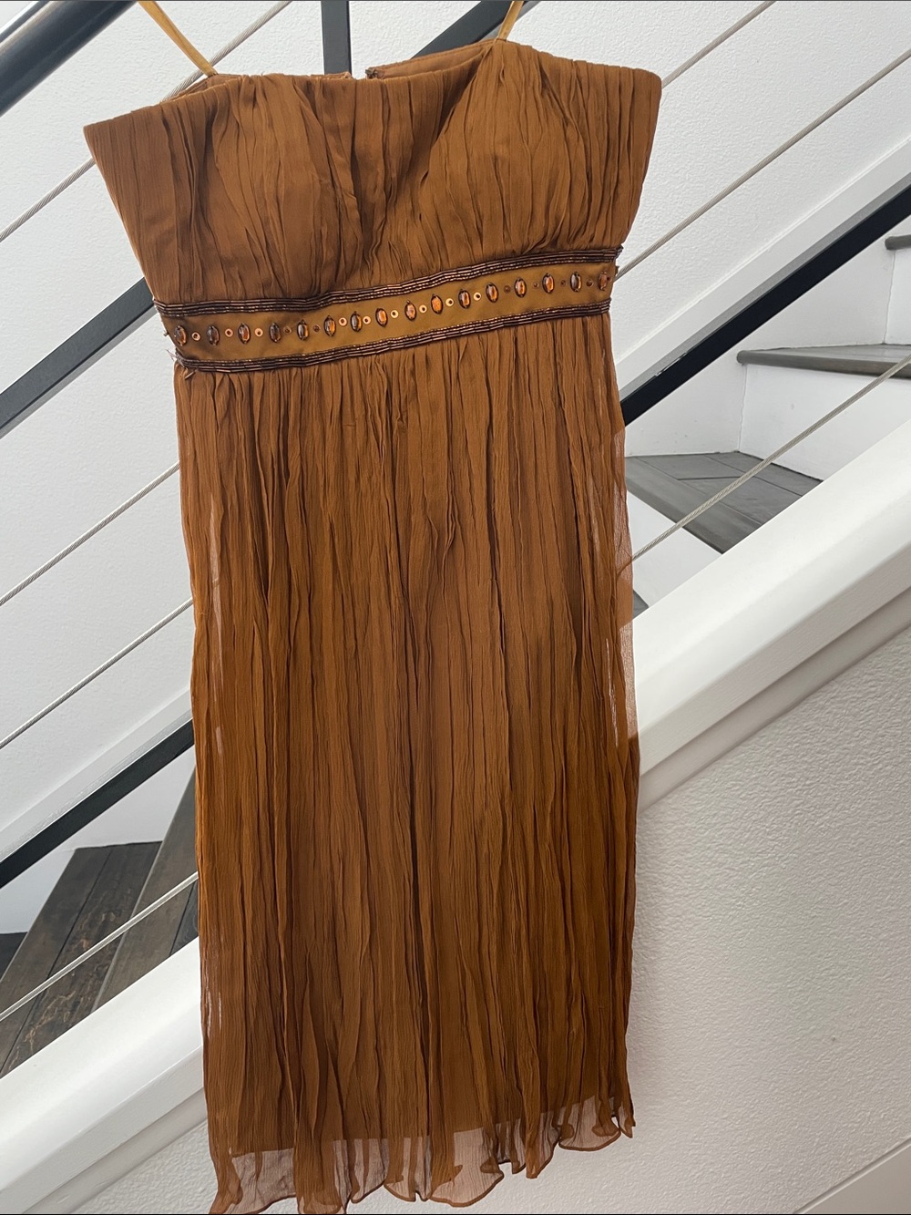 BCBG Strapless Pleated Maxi Dress in Mustard Rust